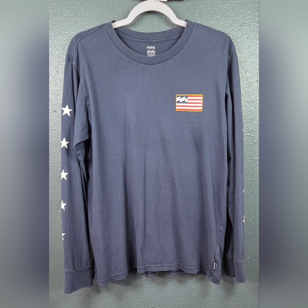 Billabong🇱🇷 American Flag Stars Blue Graphic Long Sleeve T-Shirt Men's LARGE